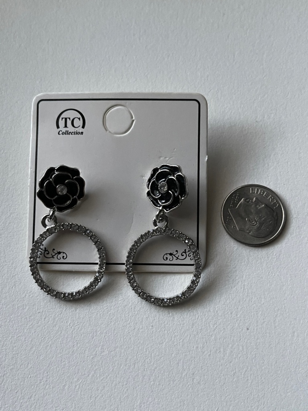 Black Floral Hoop Drop Earrings with Silver Crystal Accents